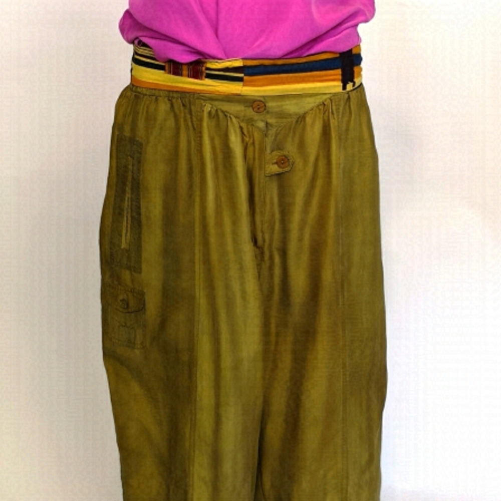 80s WHITE sandwashed silk light parachute tapered cargo pants